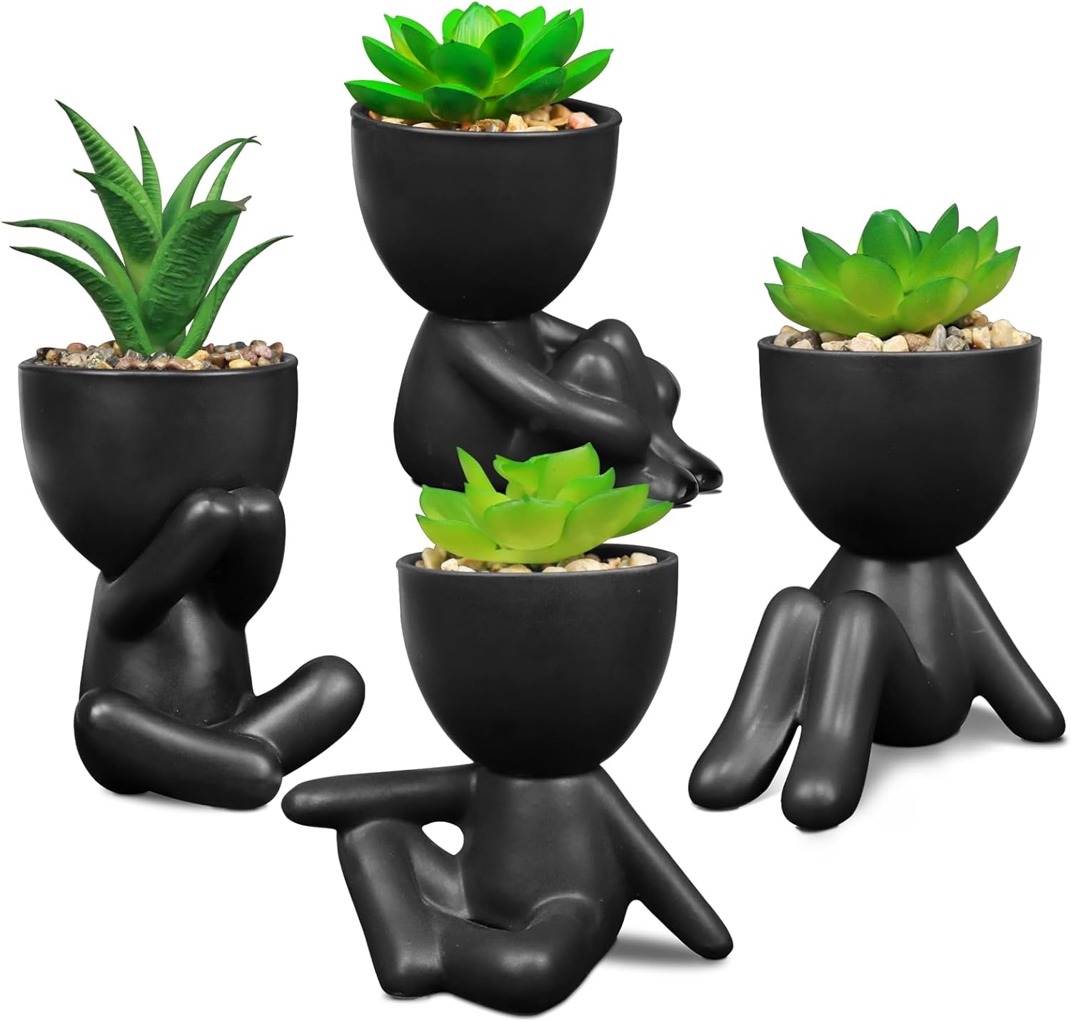 Pack of 4 Matte Black Faux Plants with Human Shaped Pots