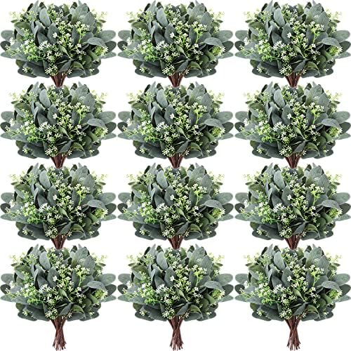 Janinka 100 Pcs Mixed Eucalyptus Artificial Leaves with White Seeds and Stems