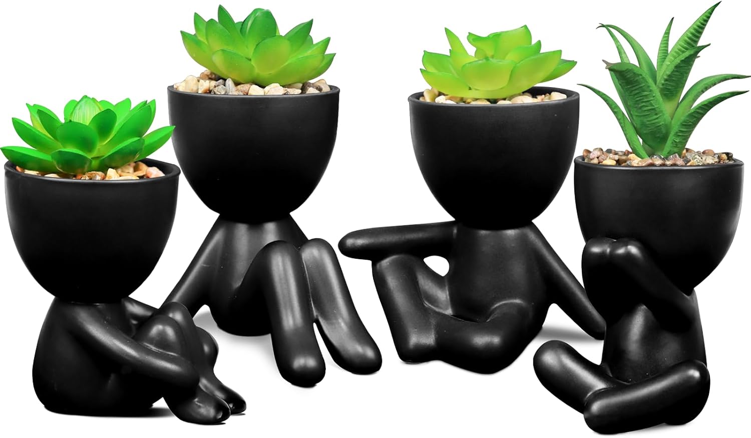 Pack of 4 Matte Black Faux Plants with Human Shaped Pots