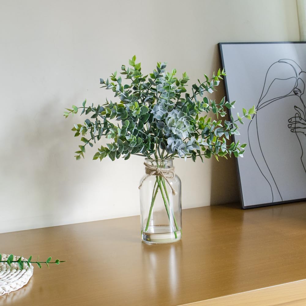 Lifelike Artificial Eucalyptus in Glass Vase with Faux Water