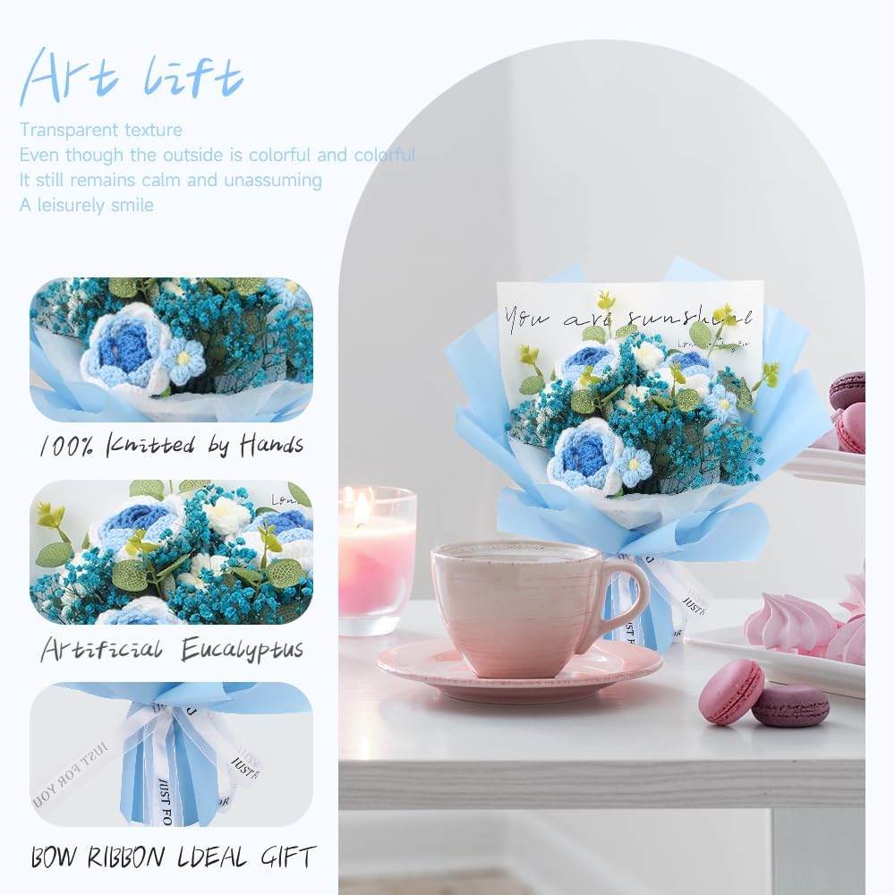 Handmade Crochet Blue Rose and Gypsophila Bouquet