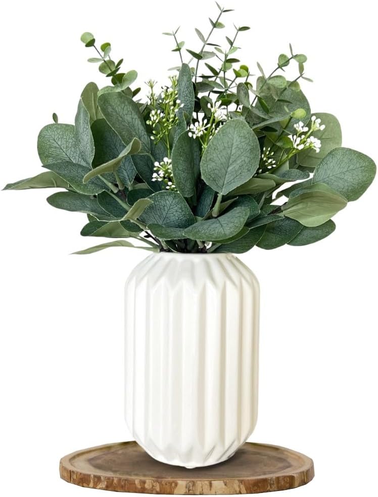 Realistic Fake Eucalyptus Plant with White Ceramic Vase