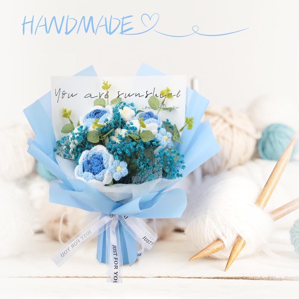 Handmade Crochet Blue Rose and Gypsophila Bouquet
