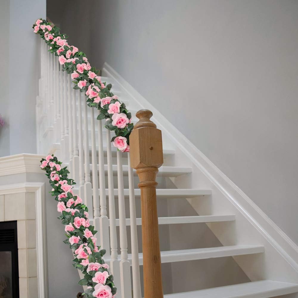 LESING Pink Artificial Rose Vines Garlands 4PCS 288FT