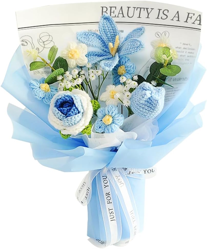 Crochet Flower Bouquet with Rose and Tulips Blue