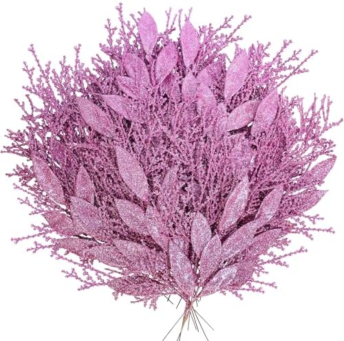 Winlyn 30 Pcs Pink Glitter Christmas Decor Artificial Leaf Sprays