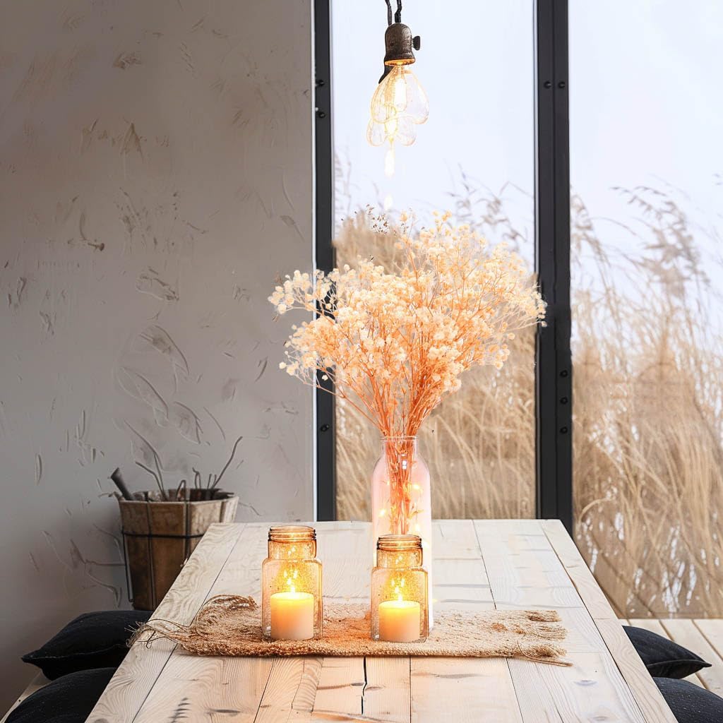 Dried Flowers Babys Breath Bouquet Glass Vase with Artificial Crystals