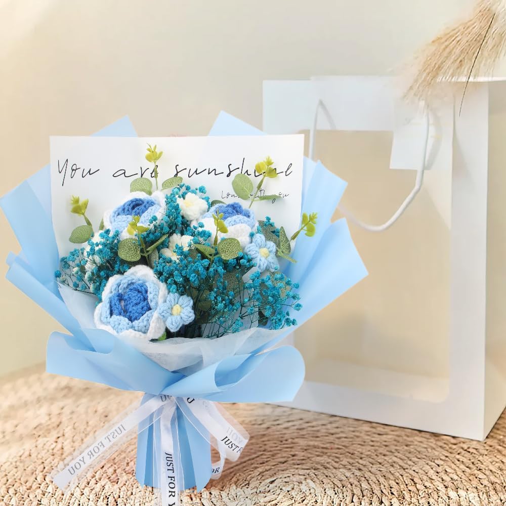 Handmade Crochet Blue Rose and Gypsophila Bouquet