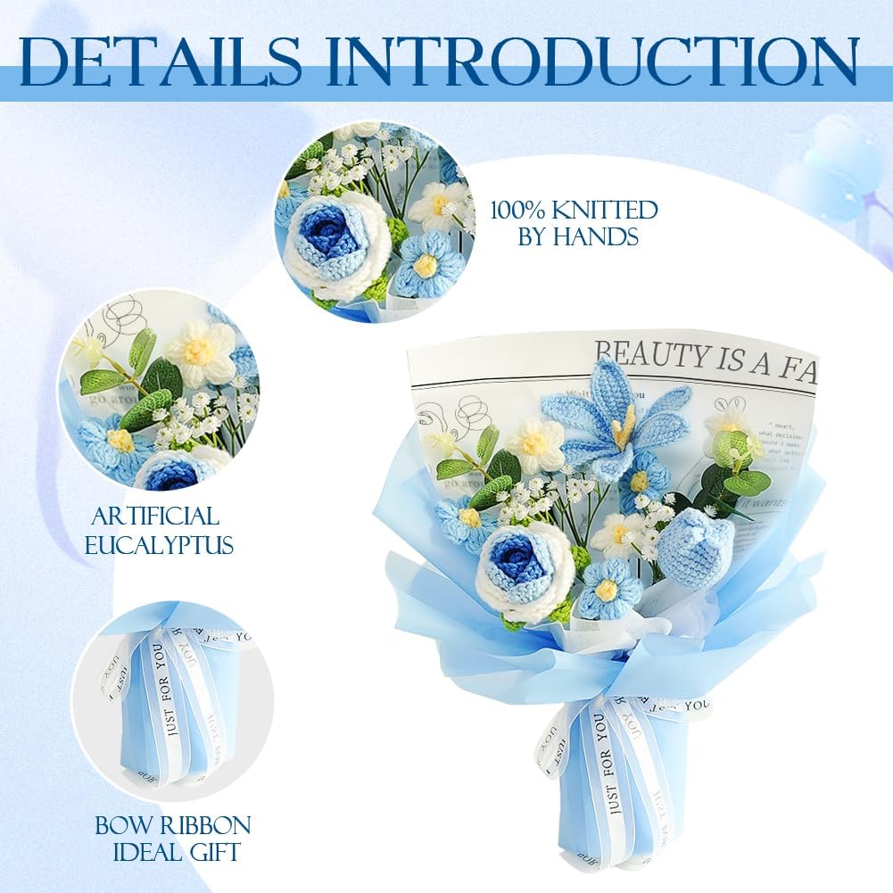 Crochet Flower Bouquet with Rose and Tulips Blue