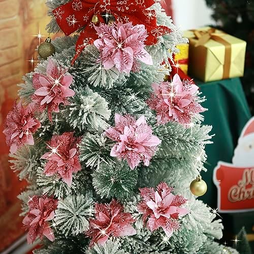 GREENTIME 12 Pcs Pink Glitter Poinsettia Artificial Christmas Flowers with Clips