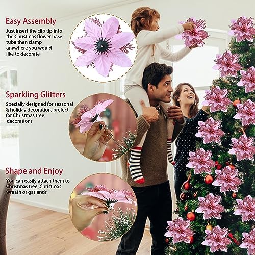 GREENTIME 12 Pcs Pink Glitter Poinsettia Artificial Christmas Flowers with Clips