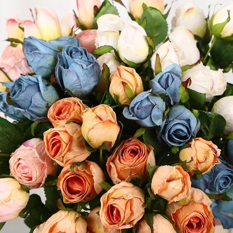 Urier 7 Heads Artificial Flowers Dried Roses Set 3Pcs Blue