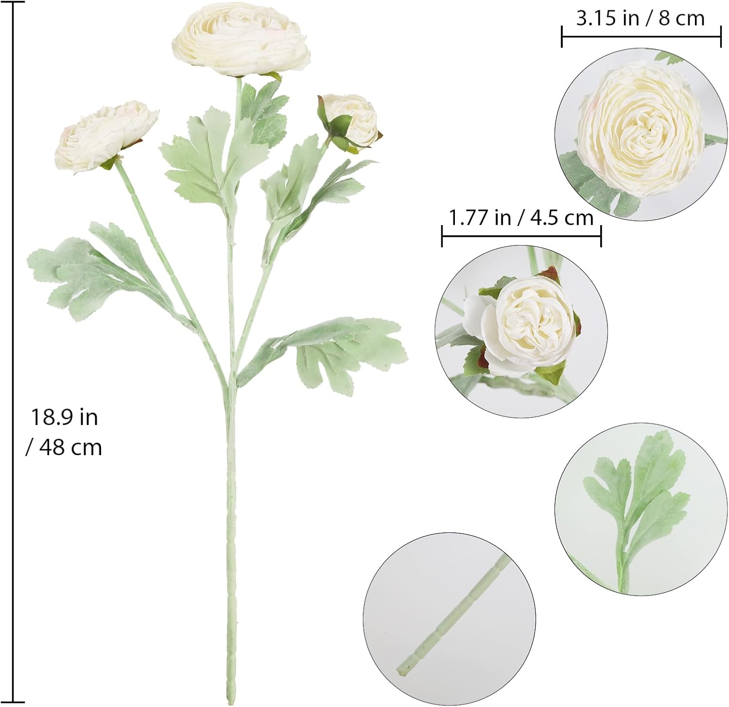 IPOPU White Silk Ranunculus Artificial Flowers 5PCS with Stems