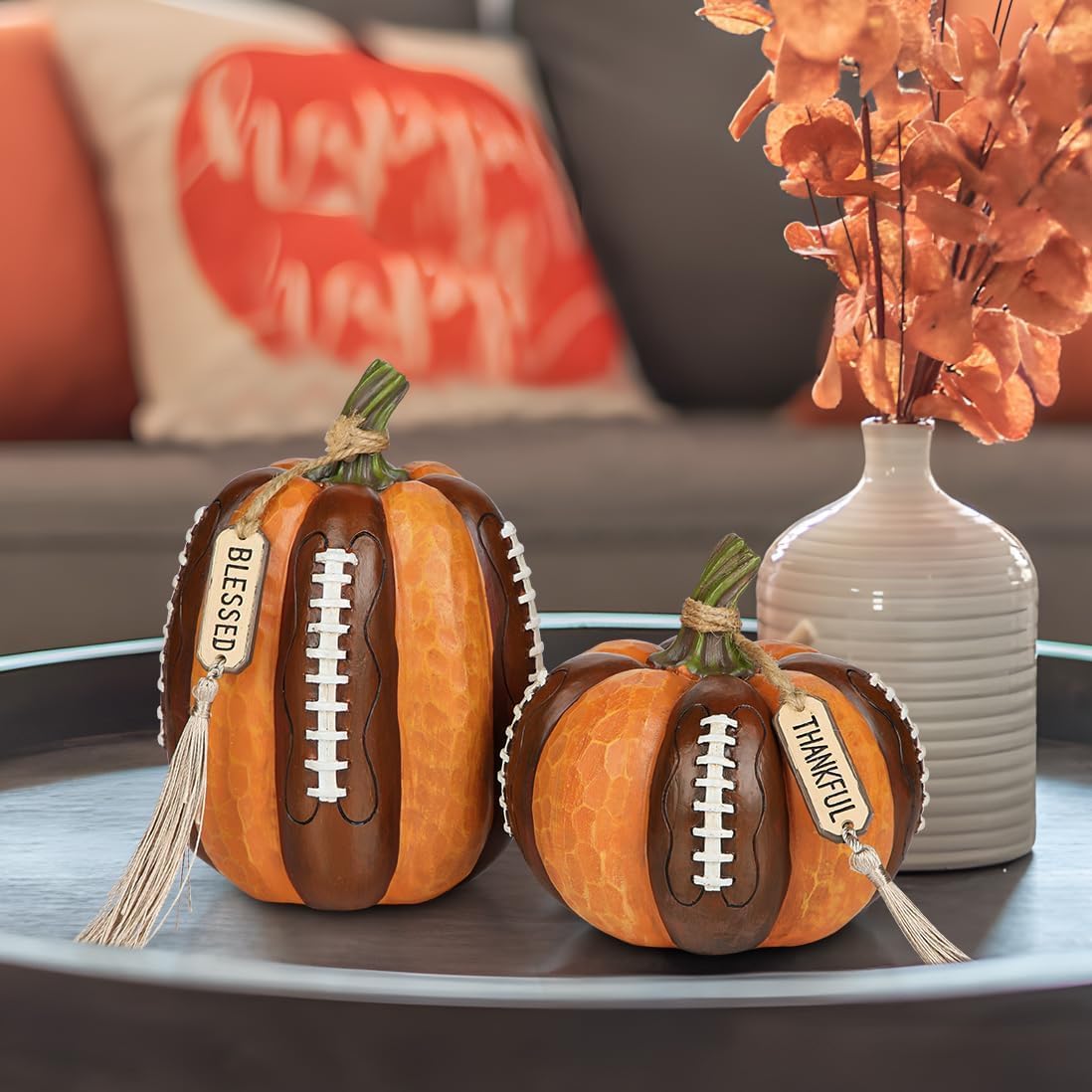 Artificial Football Pumpkins Resin Set of 2 Fall Decor
