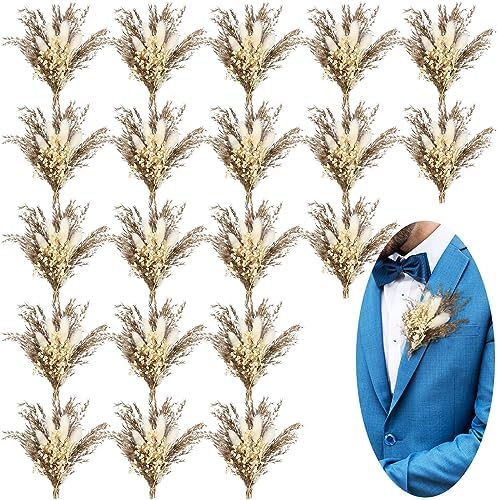 Fabbay 20 Pcs Boho Dried Flower Boutonniere for Men Wedding Accessories