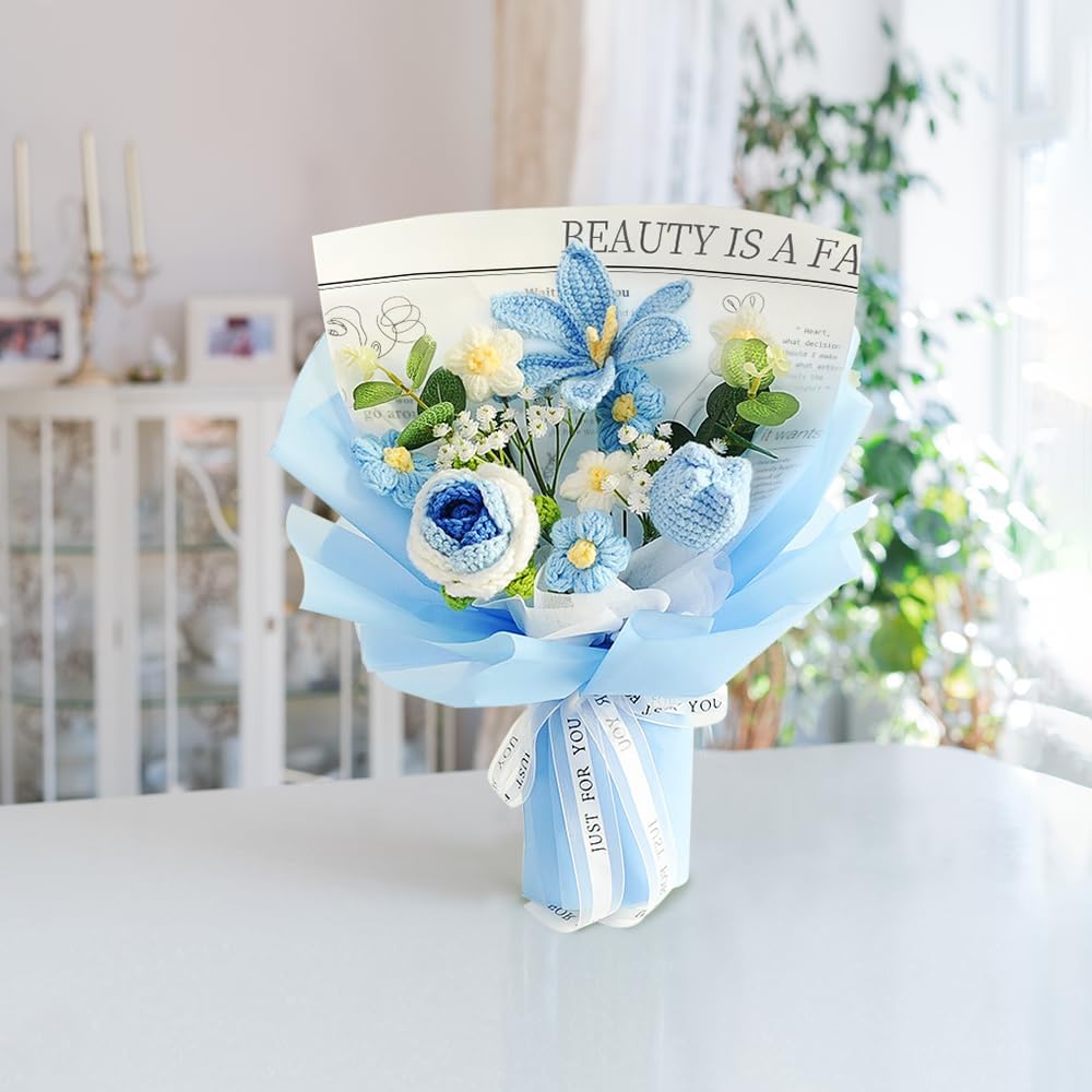 Crochet Flower Bouquet with Rose and Tulips Blue
