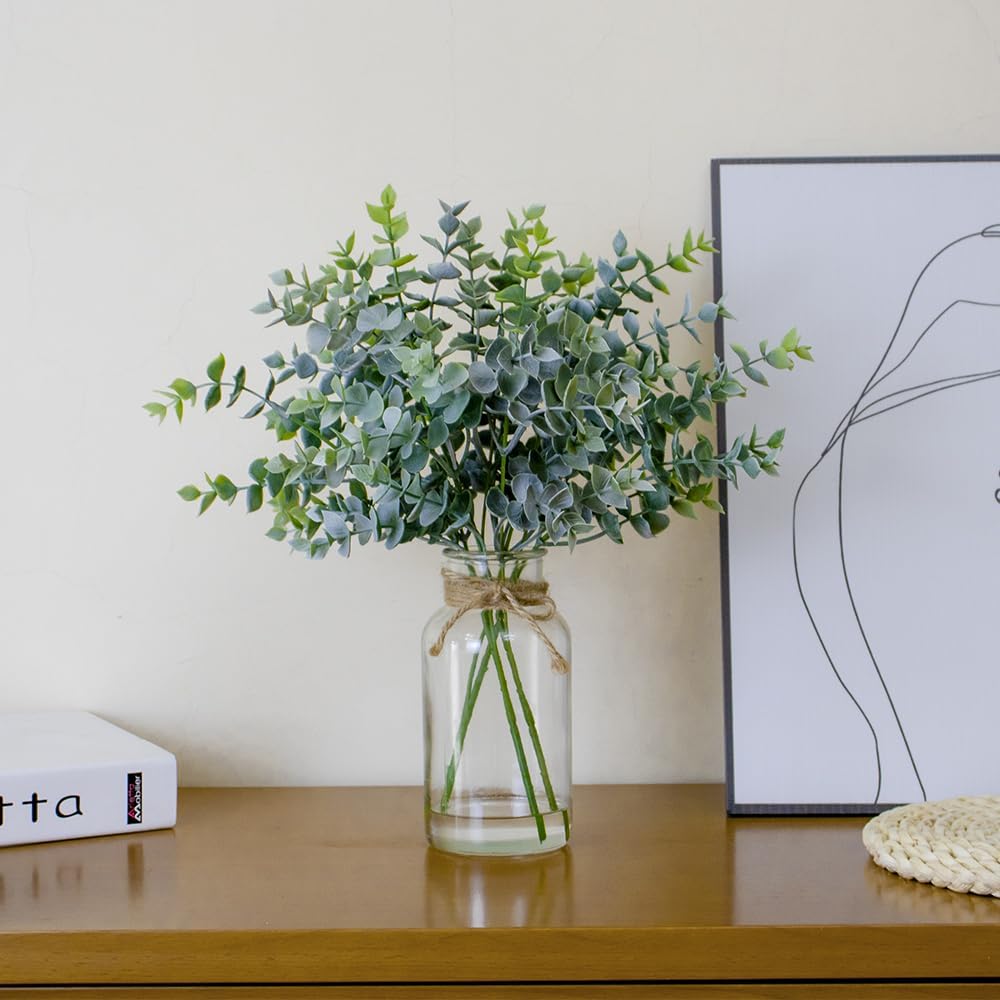 Lifelike Artificial Eucalyptus in Glass Vase with Faux Water