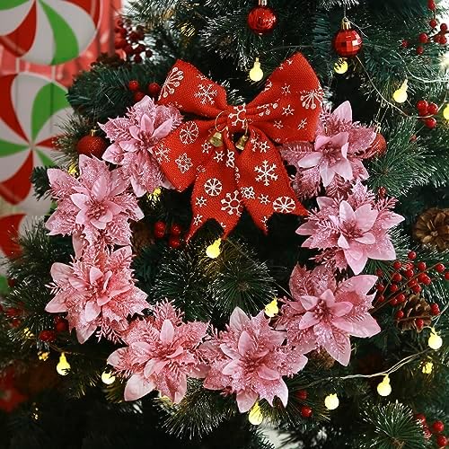 GREENTIME 12 Pcs Pink Glitter Poinsettia Artificial Christmas Flowers with Clips