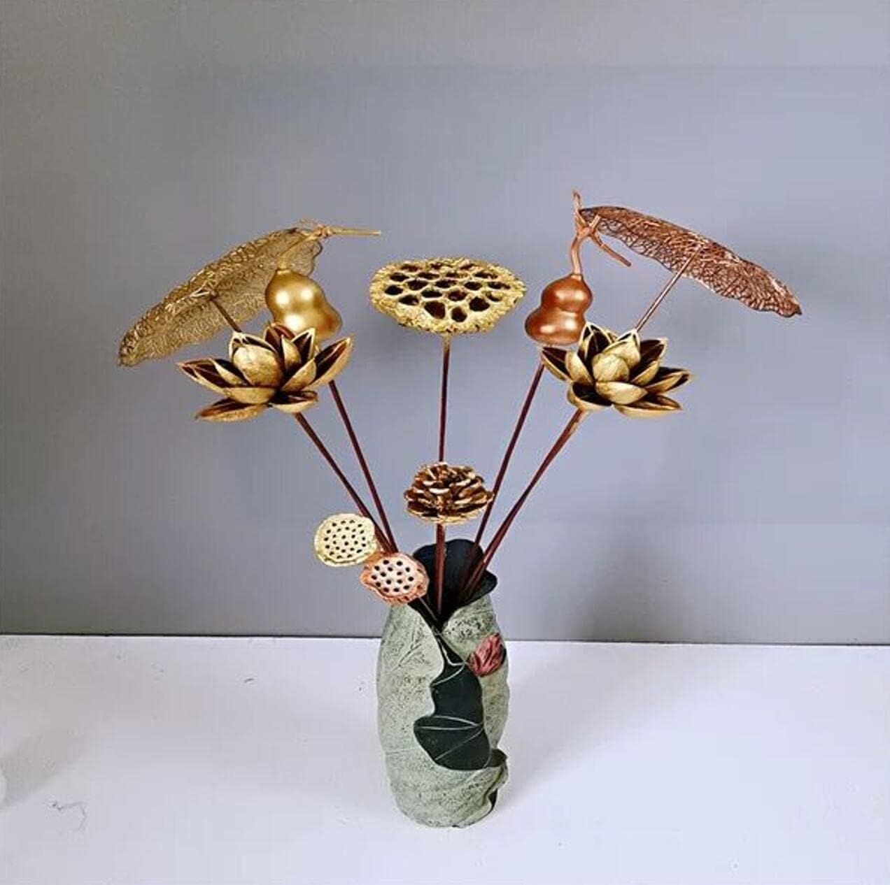 5pcs Artificial Gold Lotus Golden Flowers Leaves Stem Plants for Flowers Arrangement