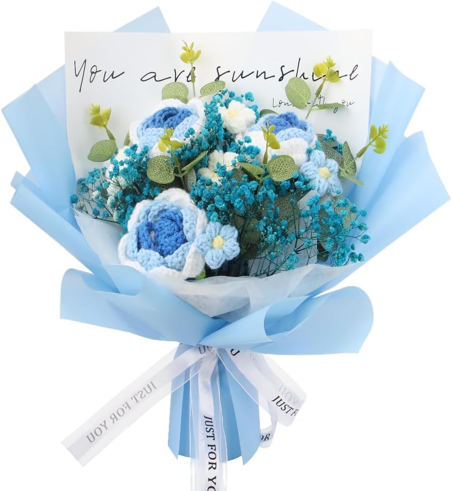 Handmade Crochet Blue Rose and Gypsophila Bouquet