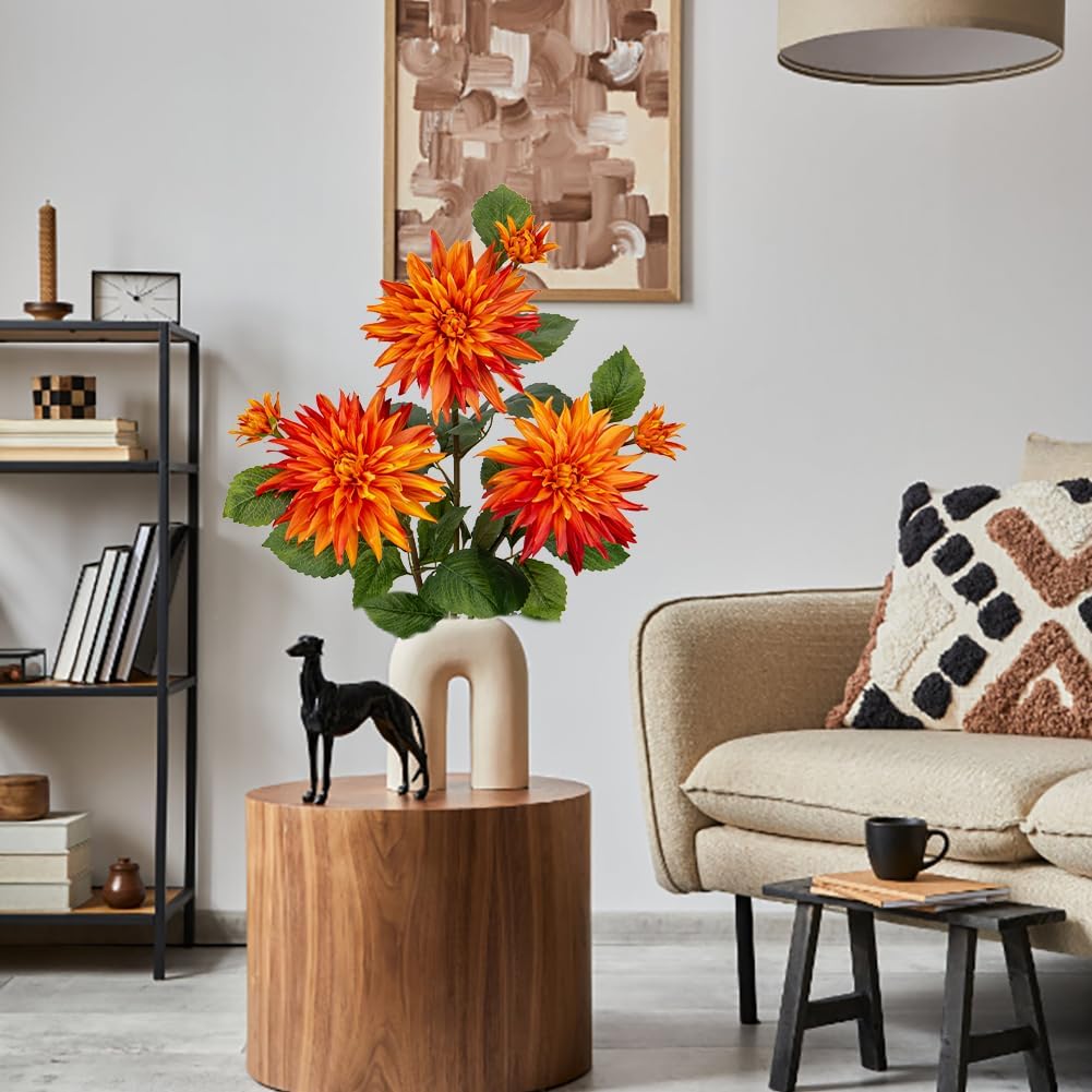 3Pcs Orange Artificial Dahlia Flowers Fall Decor