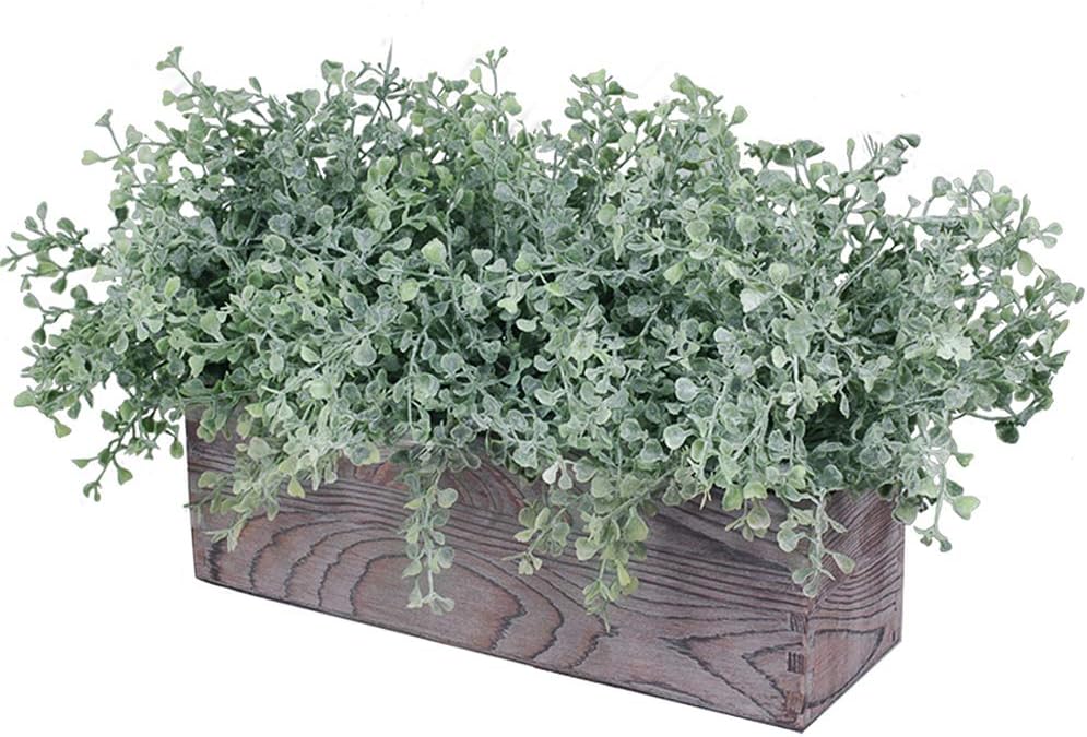 Flocked Eucalyptus Greenery in Rustic Wood Planter Box
