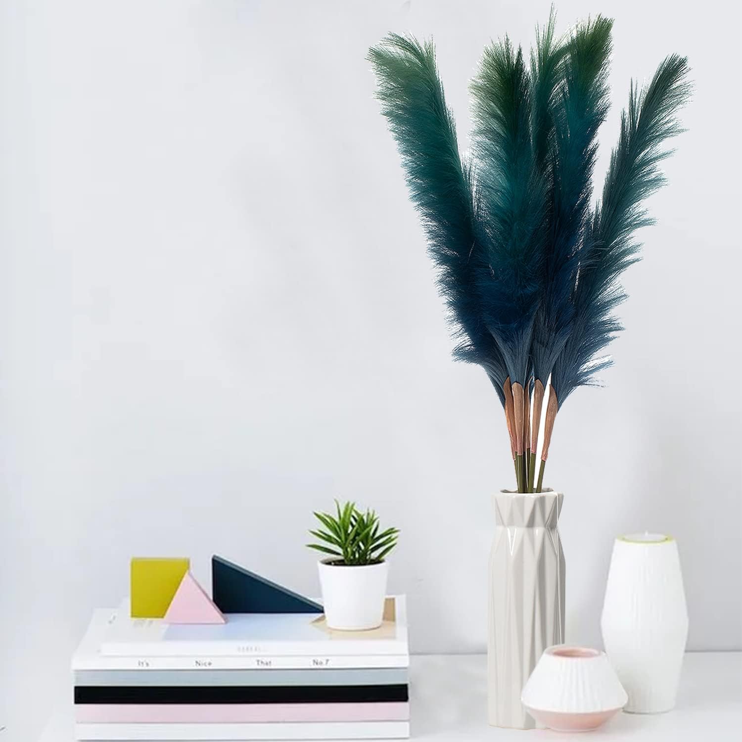 7Pcs Blue Artificial Pampas Grass Decor