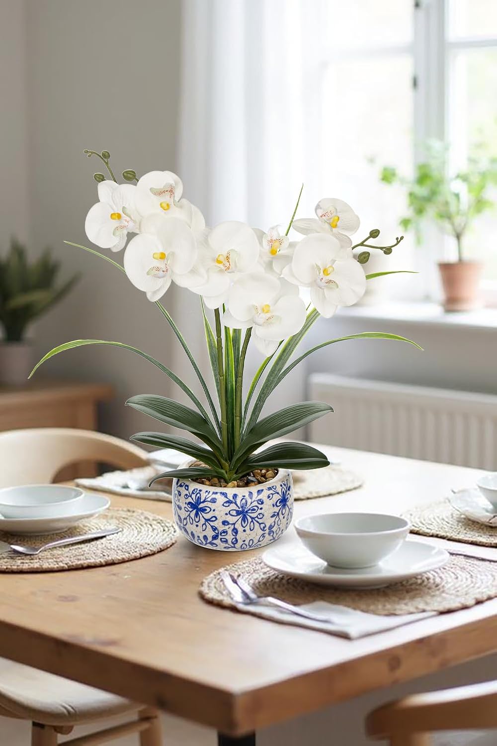Oairse White Orchids Artificial Flowers in Blue Pot