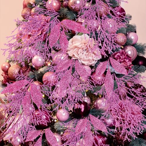 Winlyn 30 Pcs Pink Glitter Christmas Decor Artificial Leaf Sprays