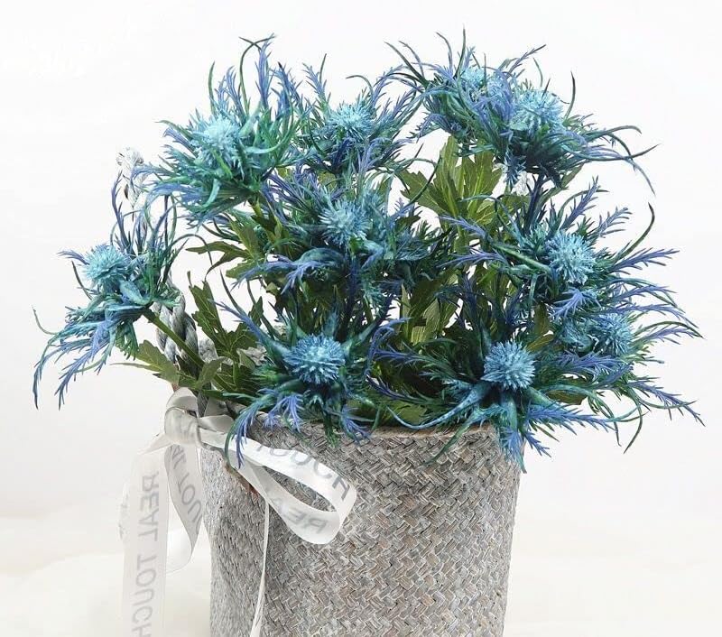 3 Branch Blue Artificial Thistle Flowers Bouquet