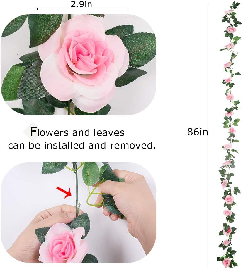 LESING Pink Artificial Rose Vines Garlands 4PCS 288FT