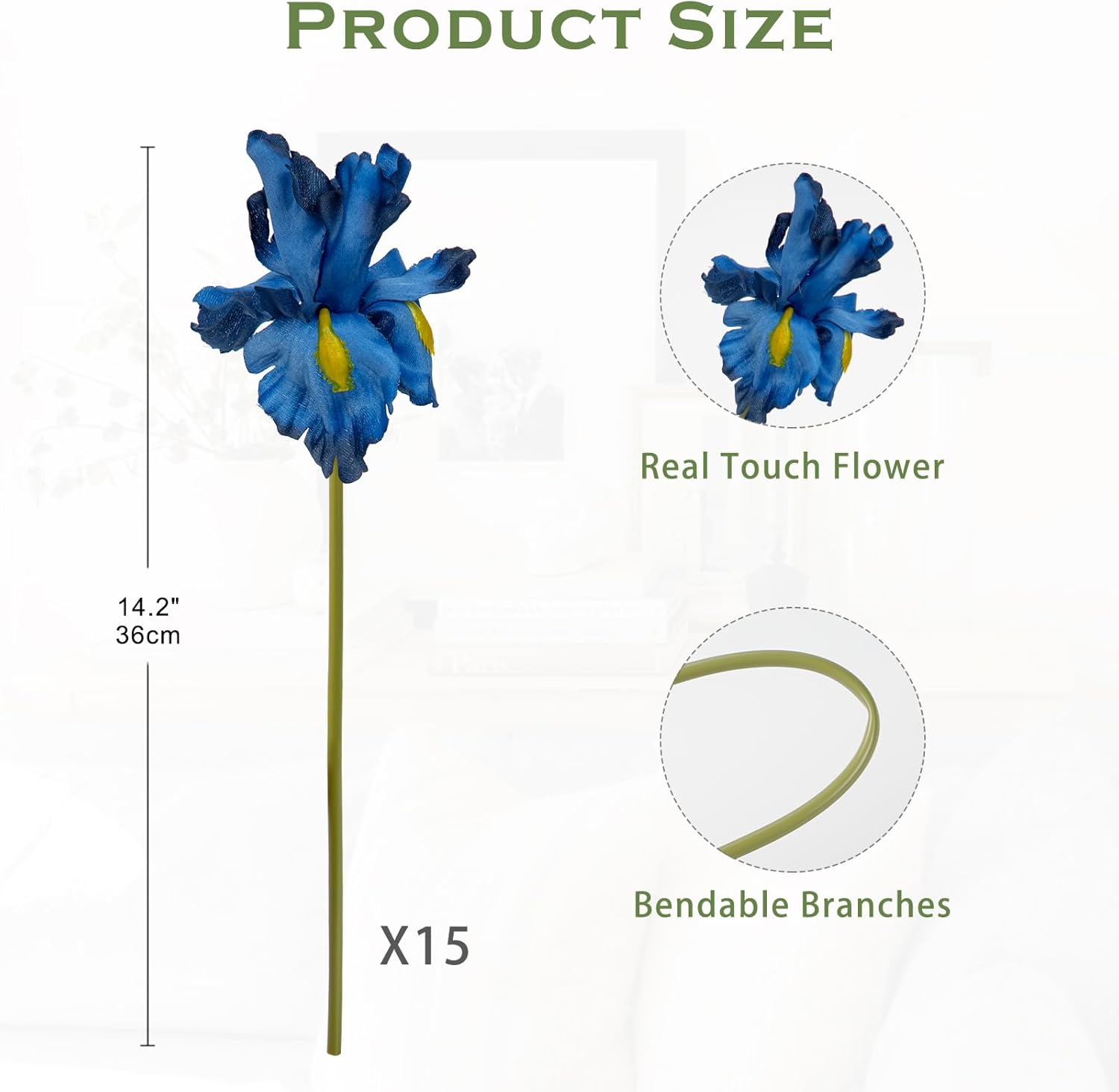 Hollyone Iris Artificial Flowers 15Pcs Blue 142 Inch Real Touch Bouquet
