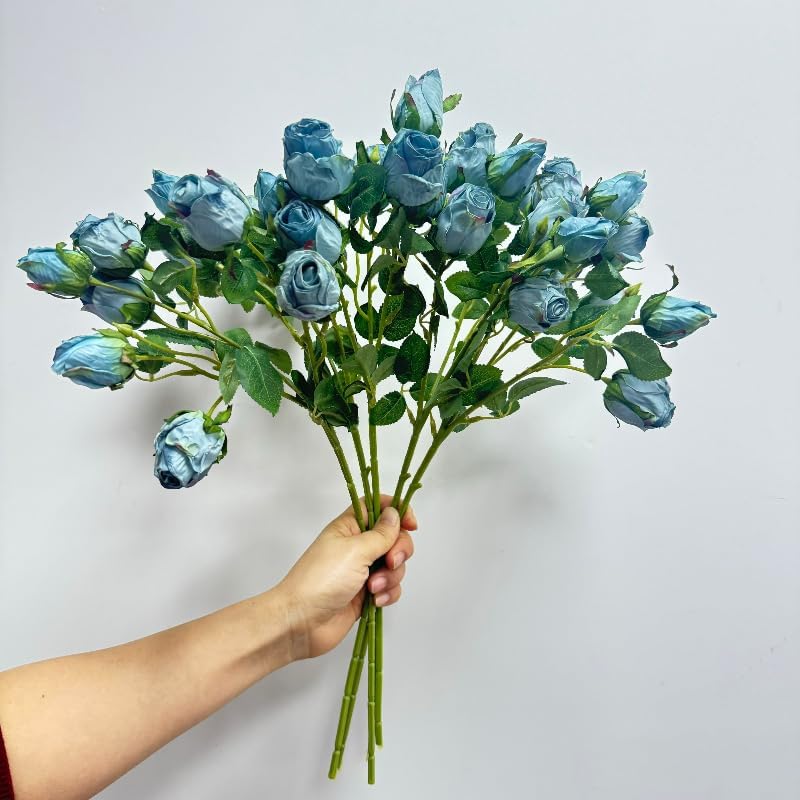 Urier 7 Heads Artificial Flowers Dried Roses Set 3Pcs Blue