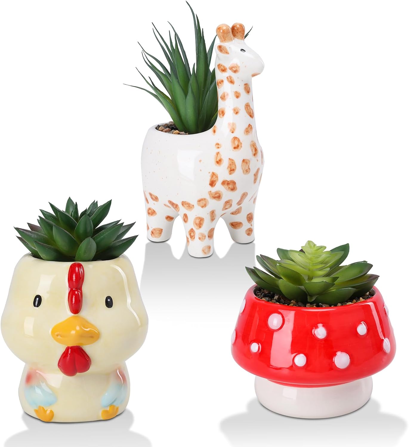 Chonsun Set of 3 Small Fake Succulent Plants in Cute Animal Ceramic Pots