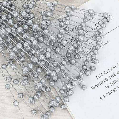 20 Pack Silver Glitter Berry Stems for Christmas Decor