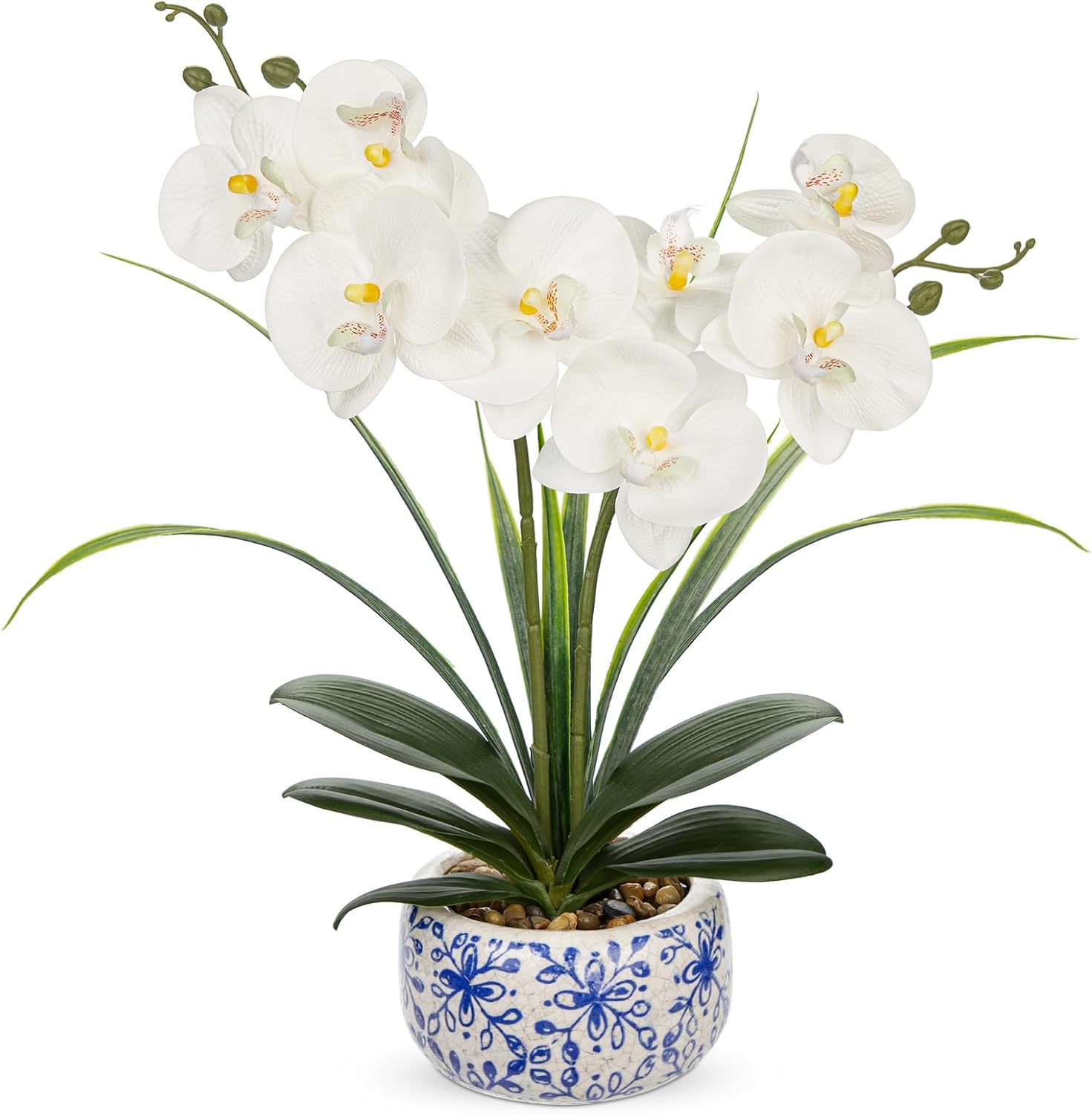 Oairse White Orchids Artificial Flowers in Blue Pot