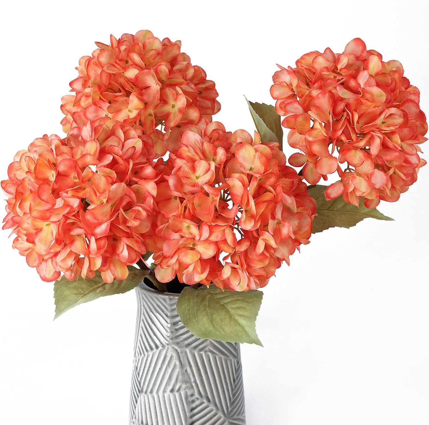 Mizii 4Pcs Orange Artificial Hydrangea with Leaves and Stems