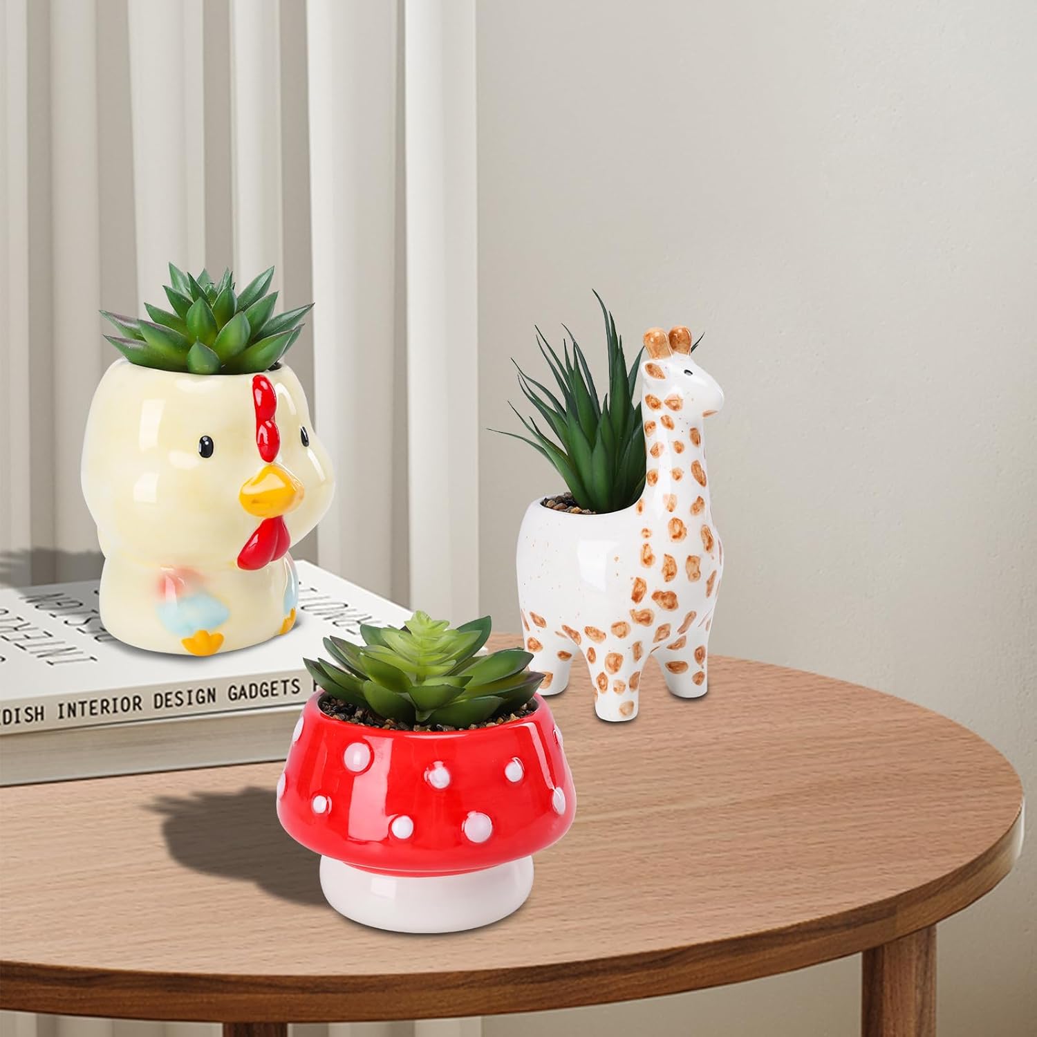 Chonsun Set of 3 Small Fake Succulent Plants in Cute Animal Ceramic Pots