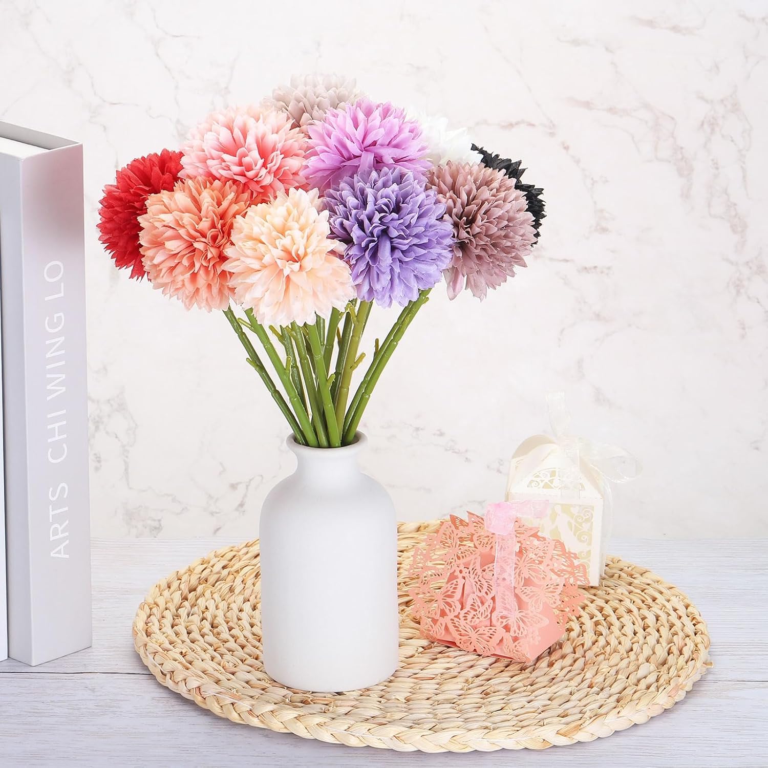 MECCANIXITY Artificial Flower Heads Yellow Silk Chrysanthemum Ball for Wedding Crafts