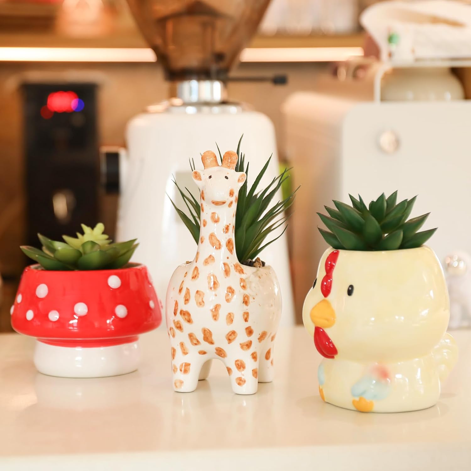 Chonsun Set of 3 Small Fake Succulent Plants in Cute Animal Ceramic Pots