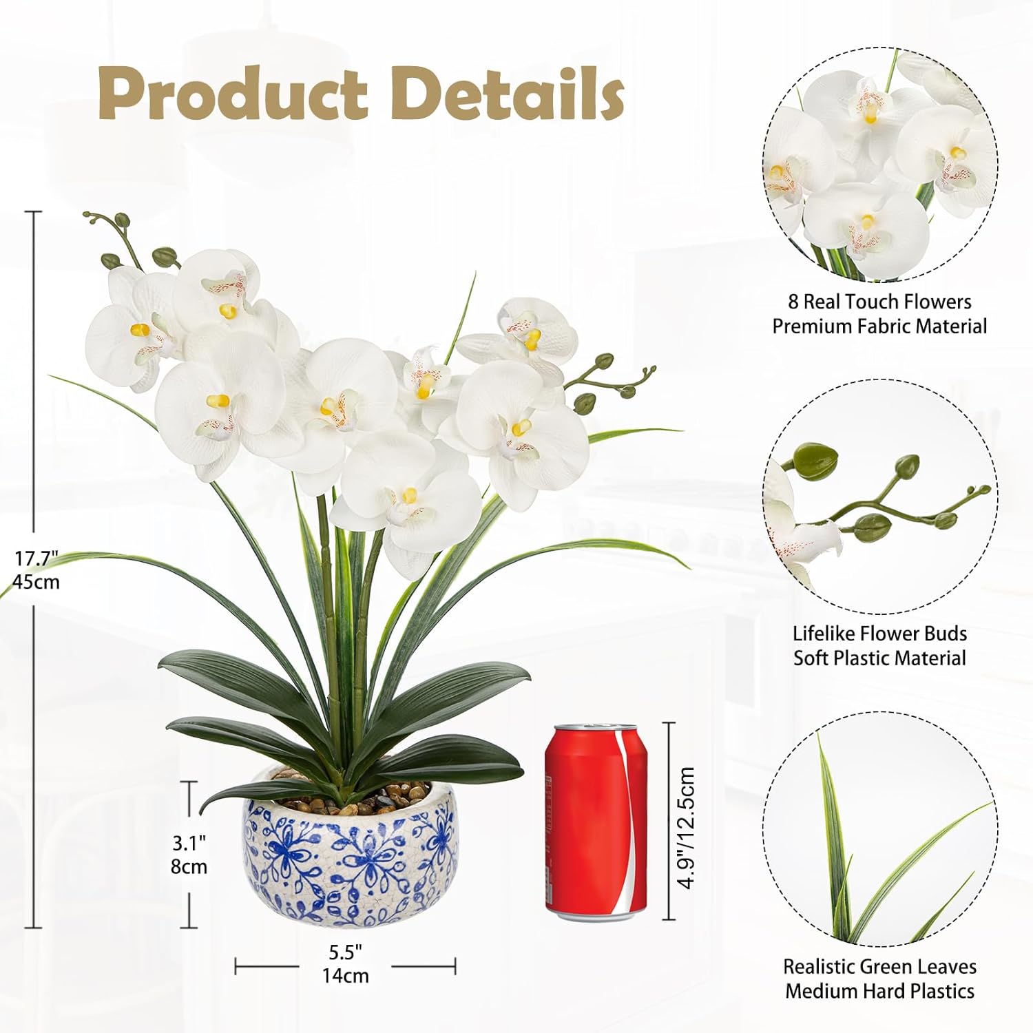 Oairse White Orchids Artificial Flowers in Blue Pot