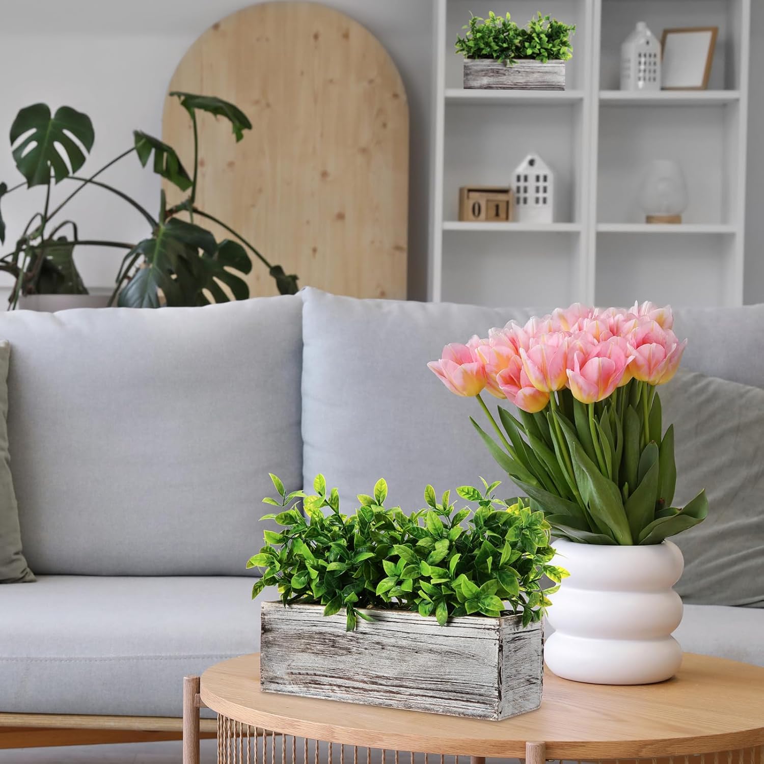 Lyrow 2 Pack Artificial Eucalyptus Plants in Wooden Pots