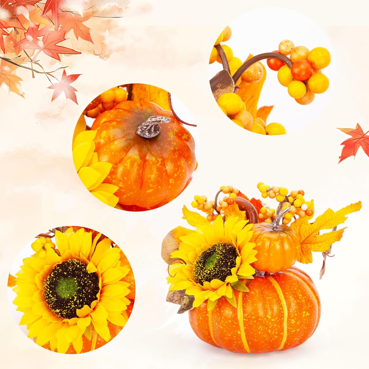 BigOtters 7 Inch Artificial Pumpkin with Sunflower and Maple Leaves