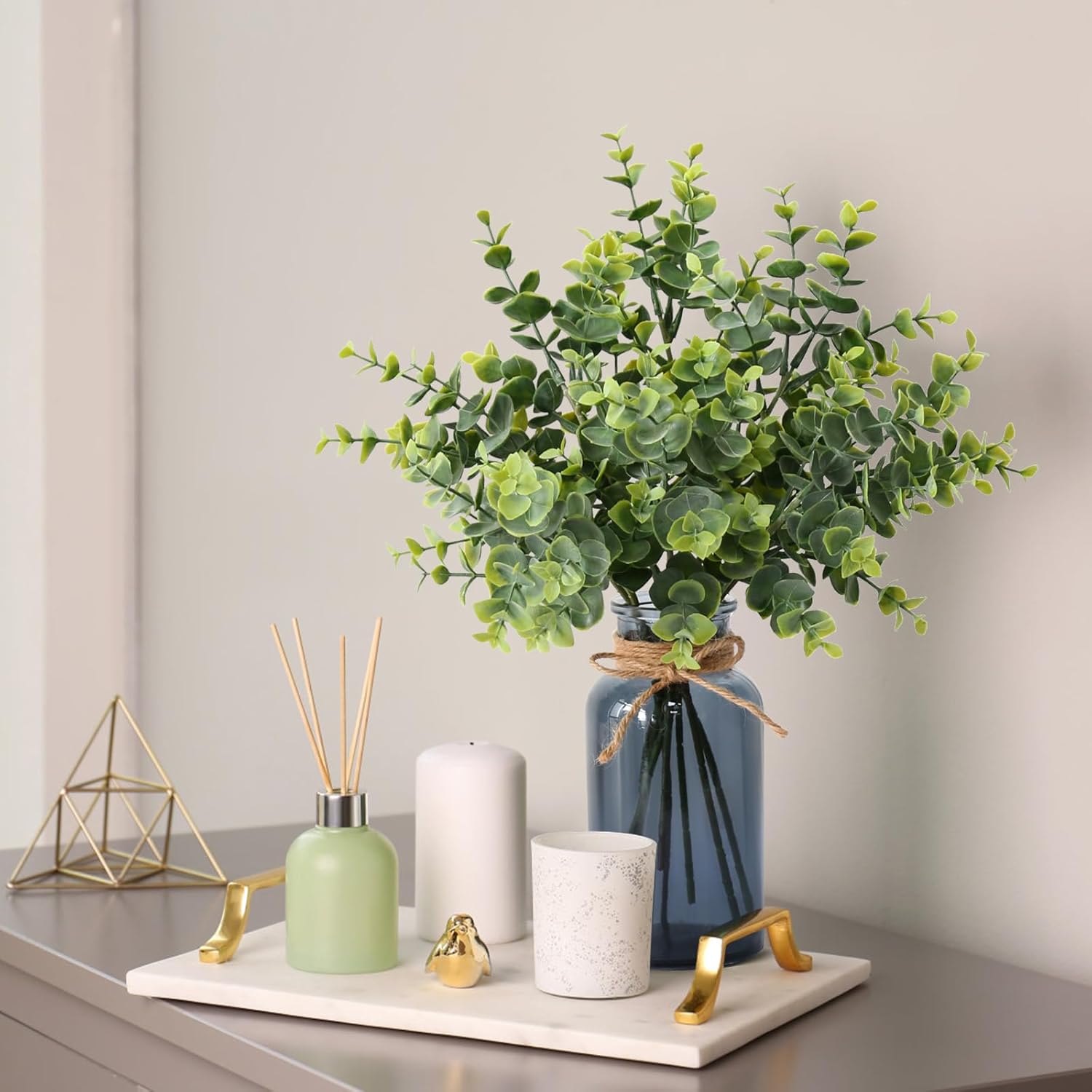 Leftover 8 Pcs Faux Eucalyptus Stems in Black Glass Vase