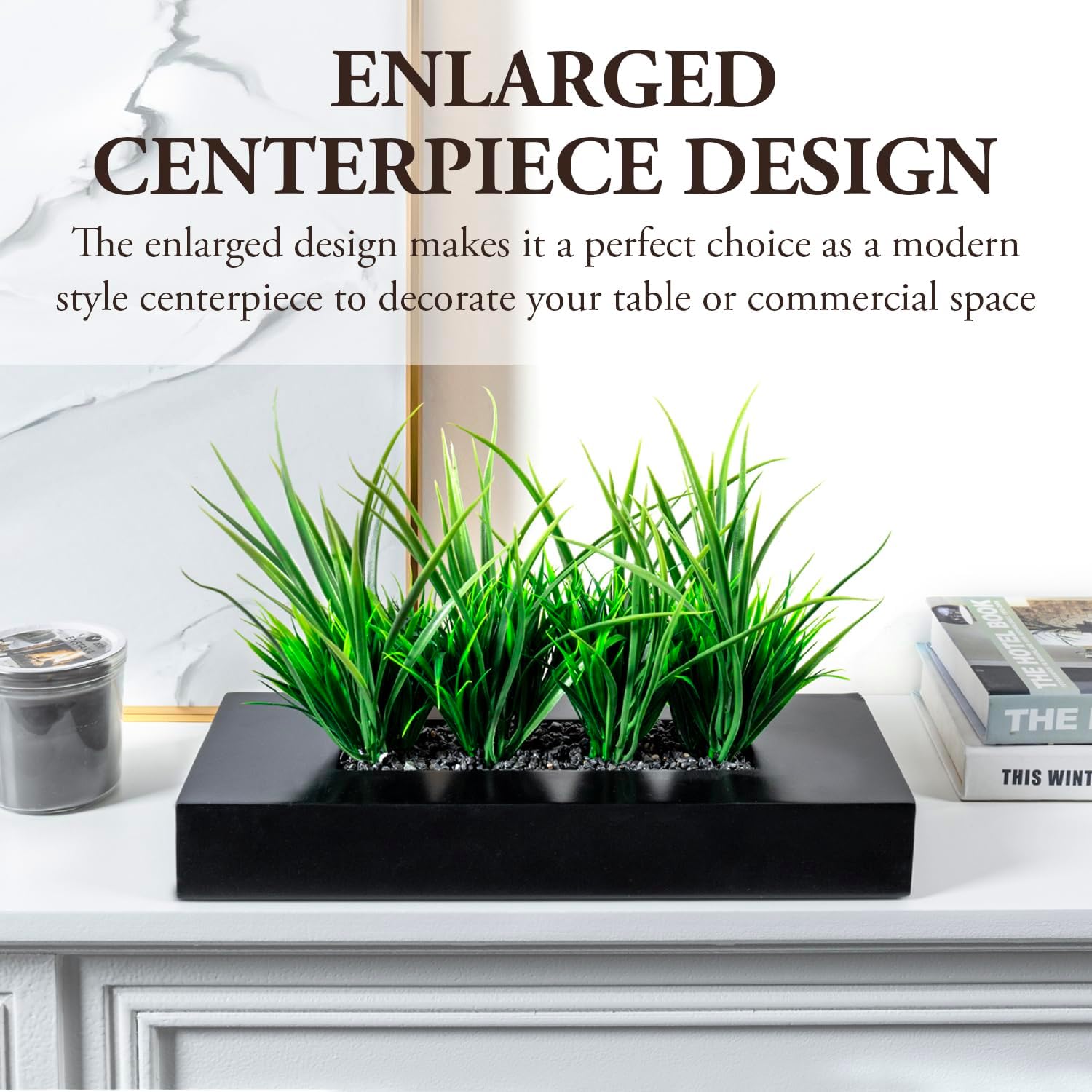 MyGift Artificial Grass Plants in Black Wood Planter