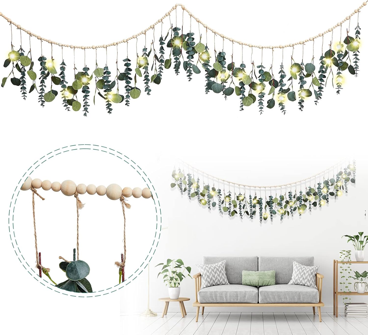 Eucalyptus Wall Decor with LED Lights and Wooden Beads