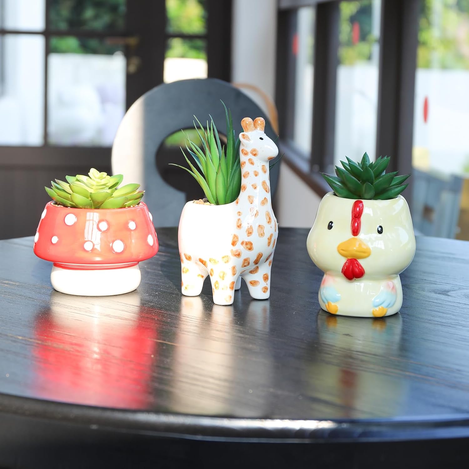 Chonsun Set of 3 Small Fake Succulent Plants in Cute Animal Ceramic Pots