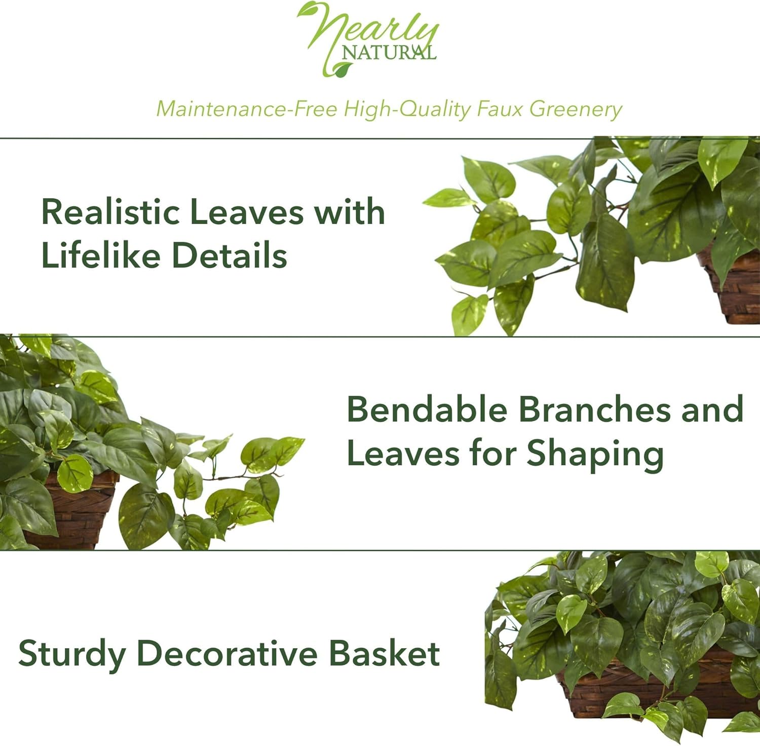 Nearly Natural Pothos Plant with Ledge Basket Green