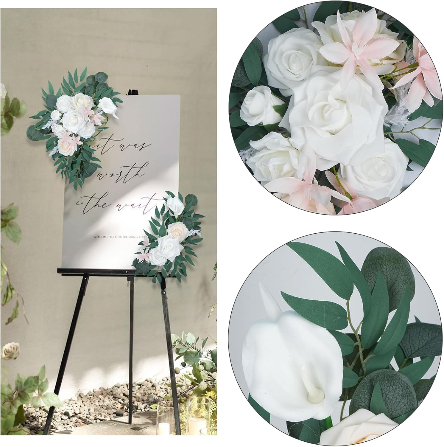 White Faux Wedding Flowers Arch Decor Sign
