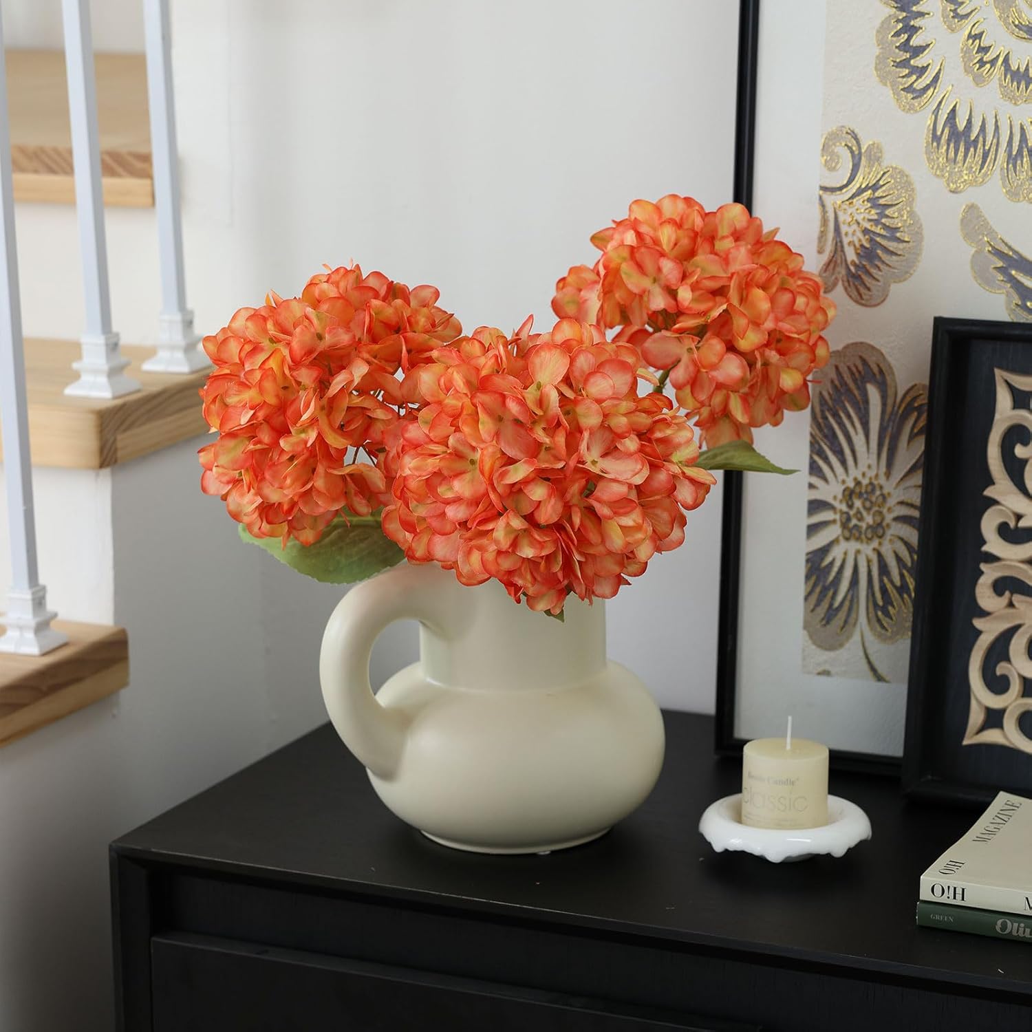 Mizii 4Pcs Orange Artificial Hydrangea with Leaves and Stems